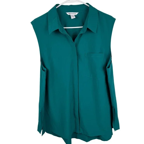 Athleta Green Sleeveless Button Down Collar Shirt Tank Top Blouse XL Extra Large - Picture 2 of 11